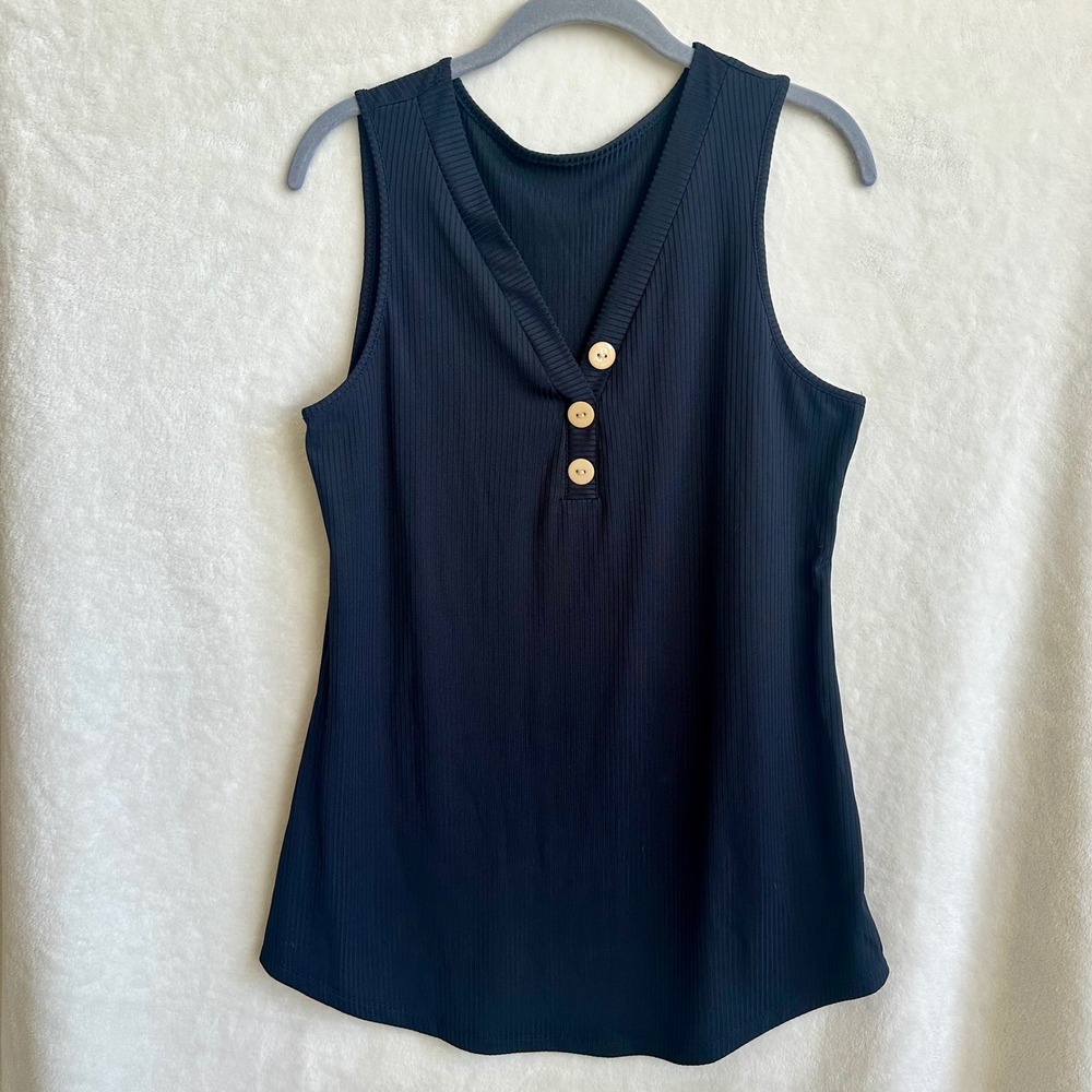 Black Ribbed Henley Tank Top Sleeveless V-Neck Faux Wood Buttons‎ Casual Large